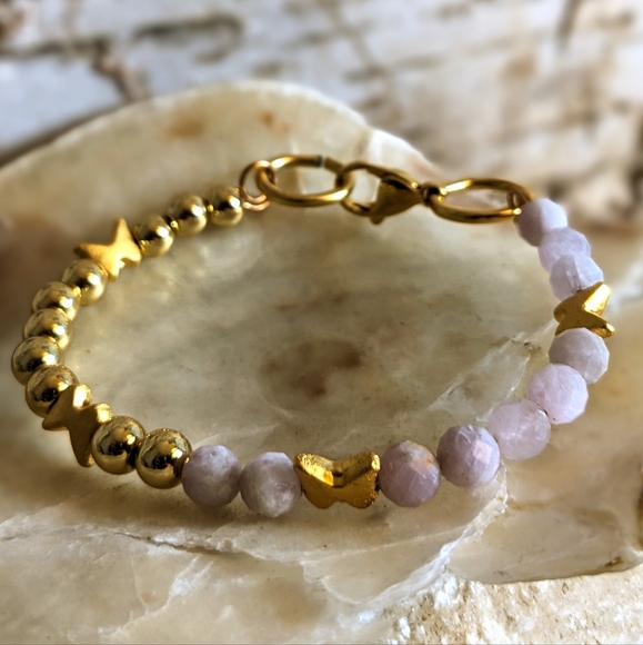 Natural Pink Kunzite & Gold Beads In Half And Half Assymetrical  Bracelet - Picture 2 of 6